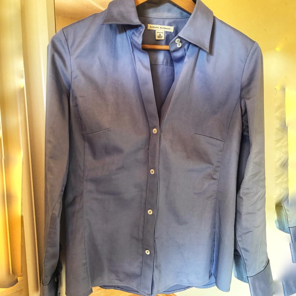 Blue Silky Cotton Blouse Long Sleeved Like New